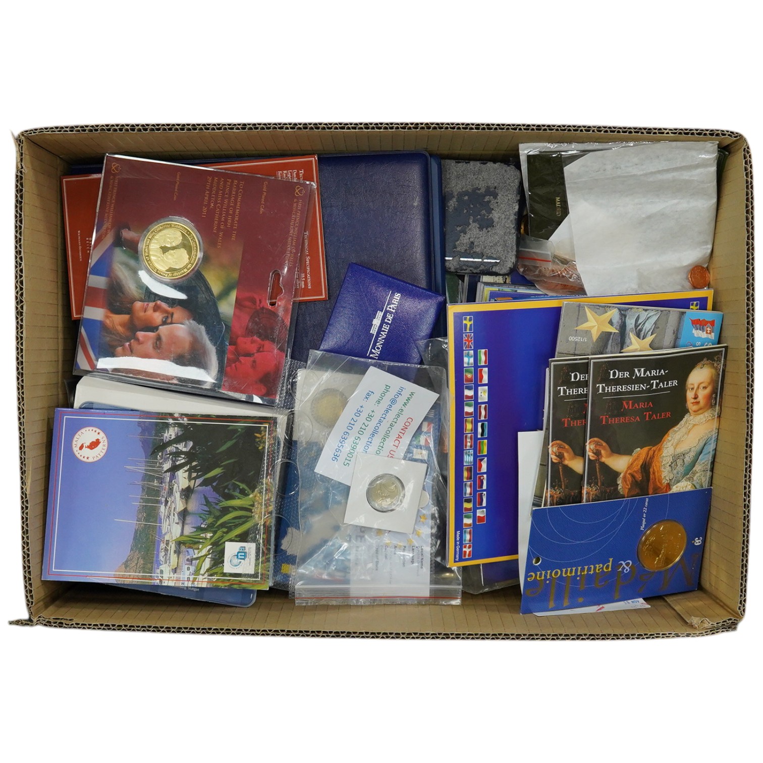 European coins, 20th and 21st century, proof coins and BUNC coins and sets, in two albums, various cases and carded packaging, large quantity in 2 boxes